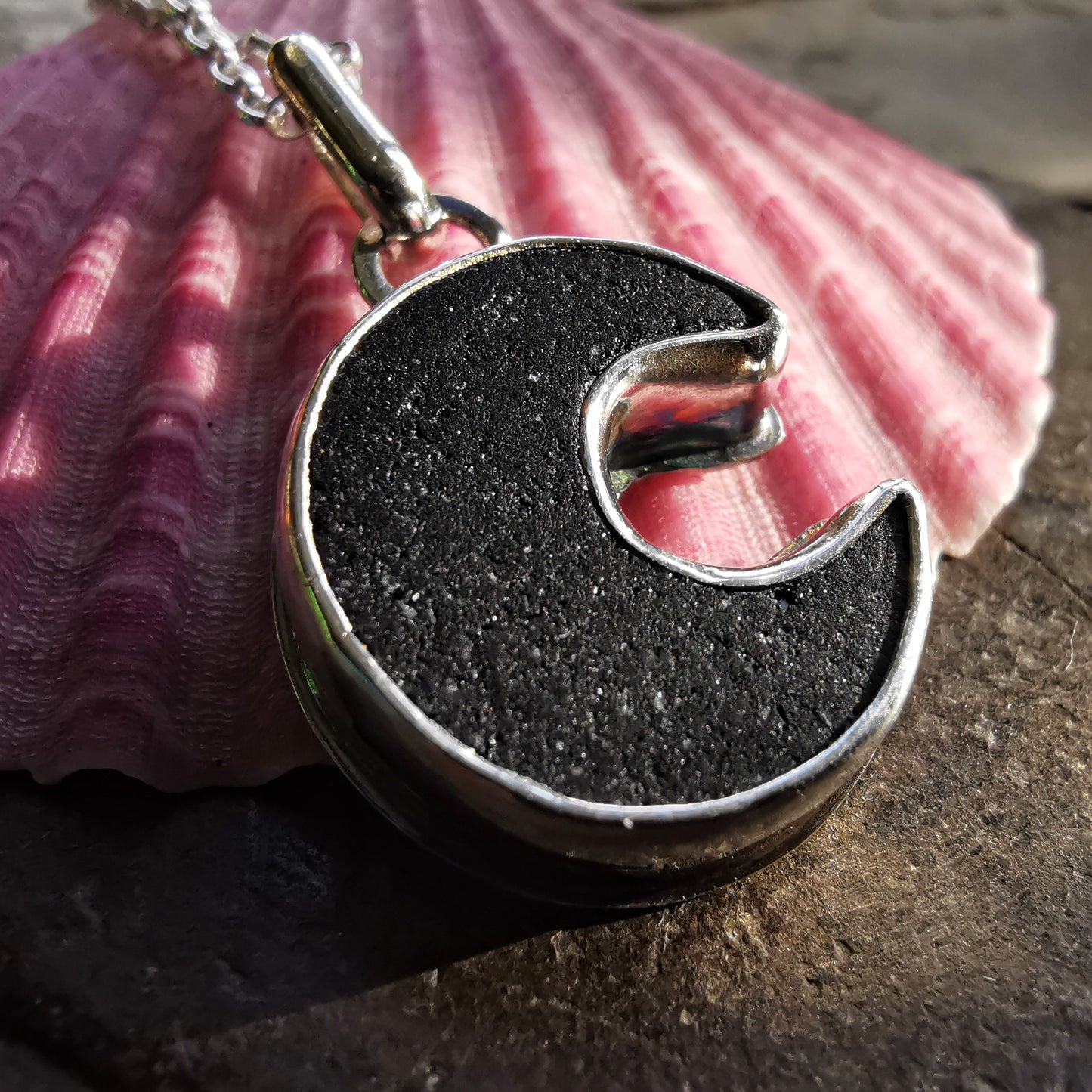 Scottish black crescent moon sea glass & sterling silver pendant.