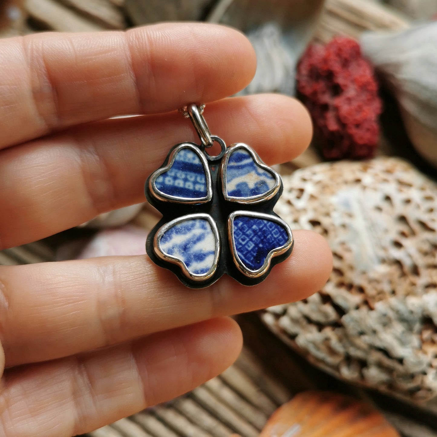 Four leaf clover 'good luck' blue willow sea pottery hearts & sterling silver pendant.