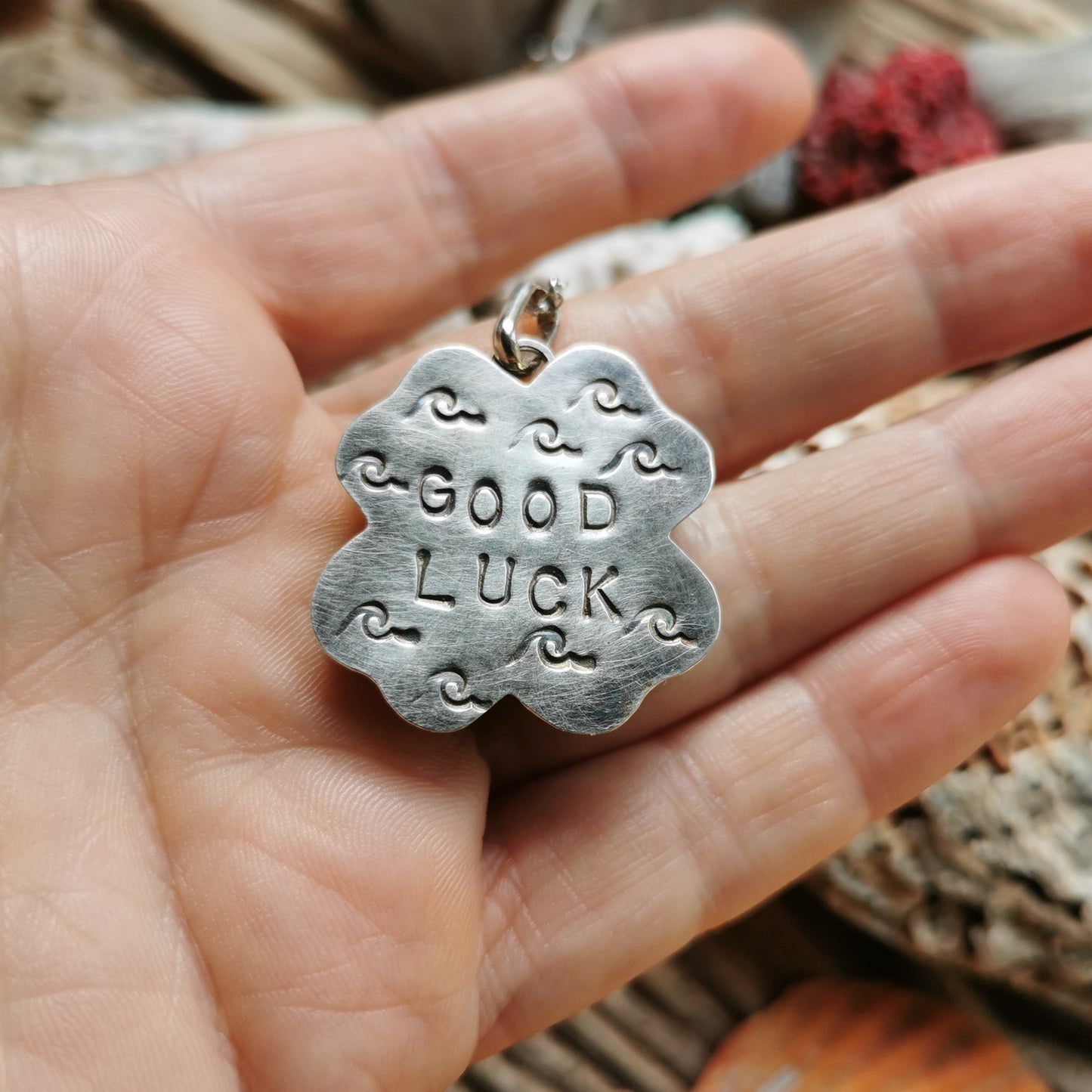 Four leaf clover 'good luck' blue willow sea pottery hearts & sterling silver pendant.