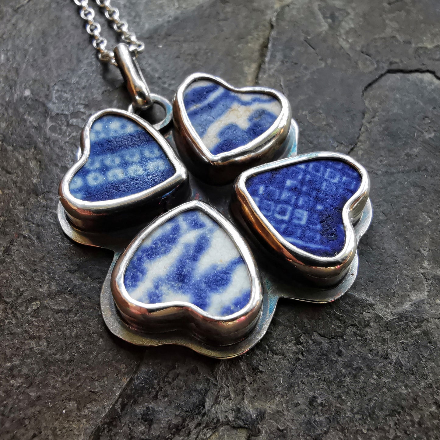 Four leaf clover 'good luck' blue willow sea pottery hearts & sterling silver pendant.