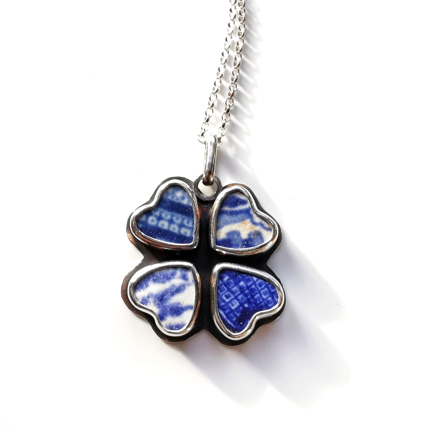 Four leaf clover 'good luck' blue willow sea pottery hearts & sterling silver pendant.