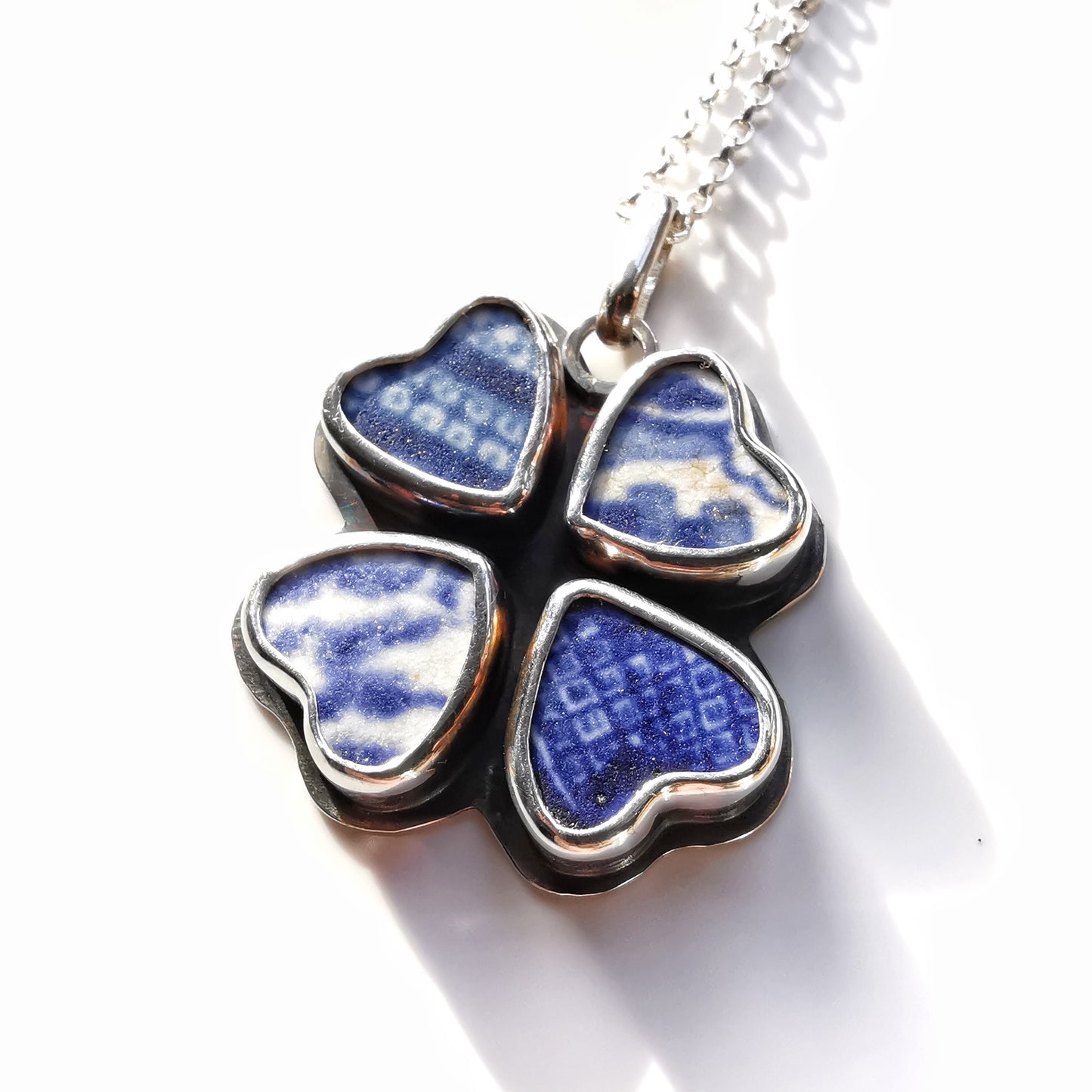 Four leaf clover 'good luck' blue willow sea pottery hearts & sterling silver pendant.