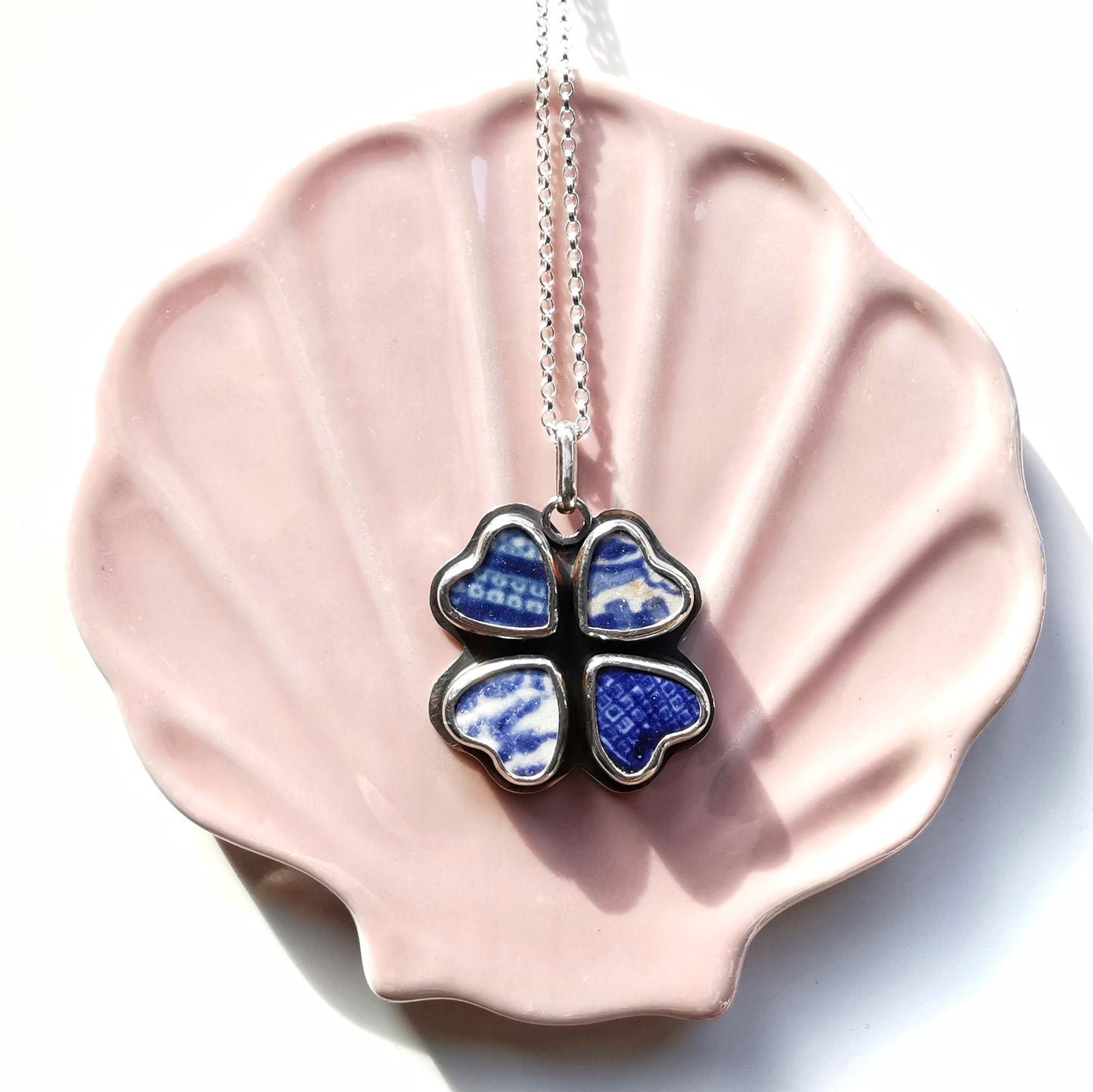 Four leaf clover 'good luck' blue willow sea pottery hearts & sterling silver pendant.