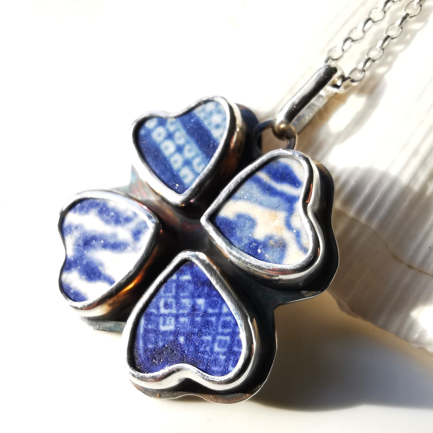 Four leaf clover 'good luck' blue willow sea pottery hearts & sterling silver pendant.