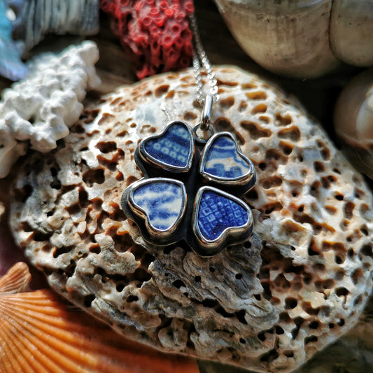 Four leaf clover 'good luck' blue willow sea pottery hearts & sterling silver pendant.