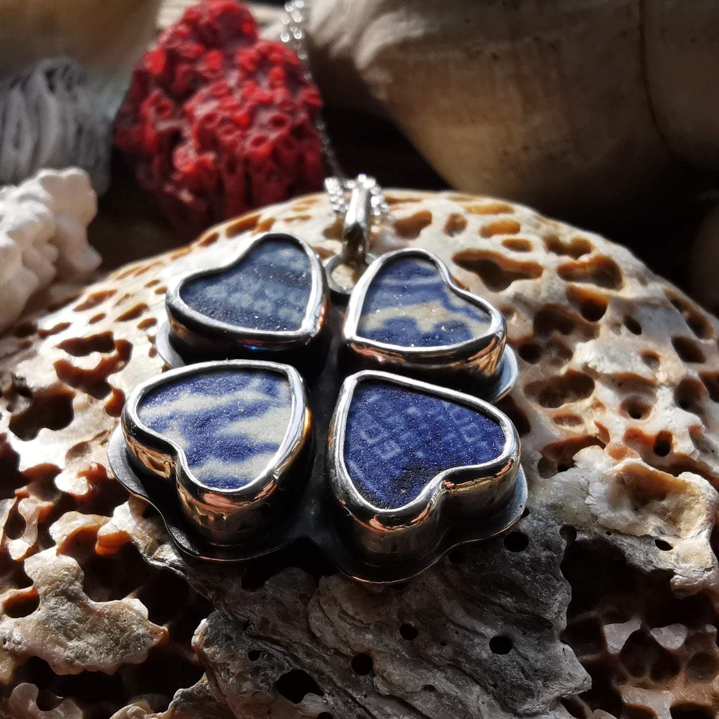 Four leaf clover 'good luck' blue willow sea pottery hearts & sterling silver pendant.