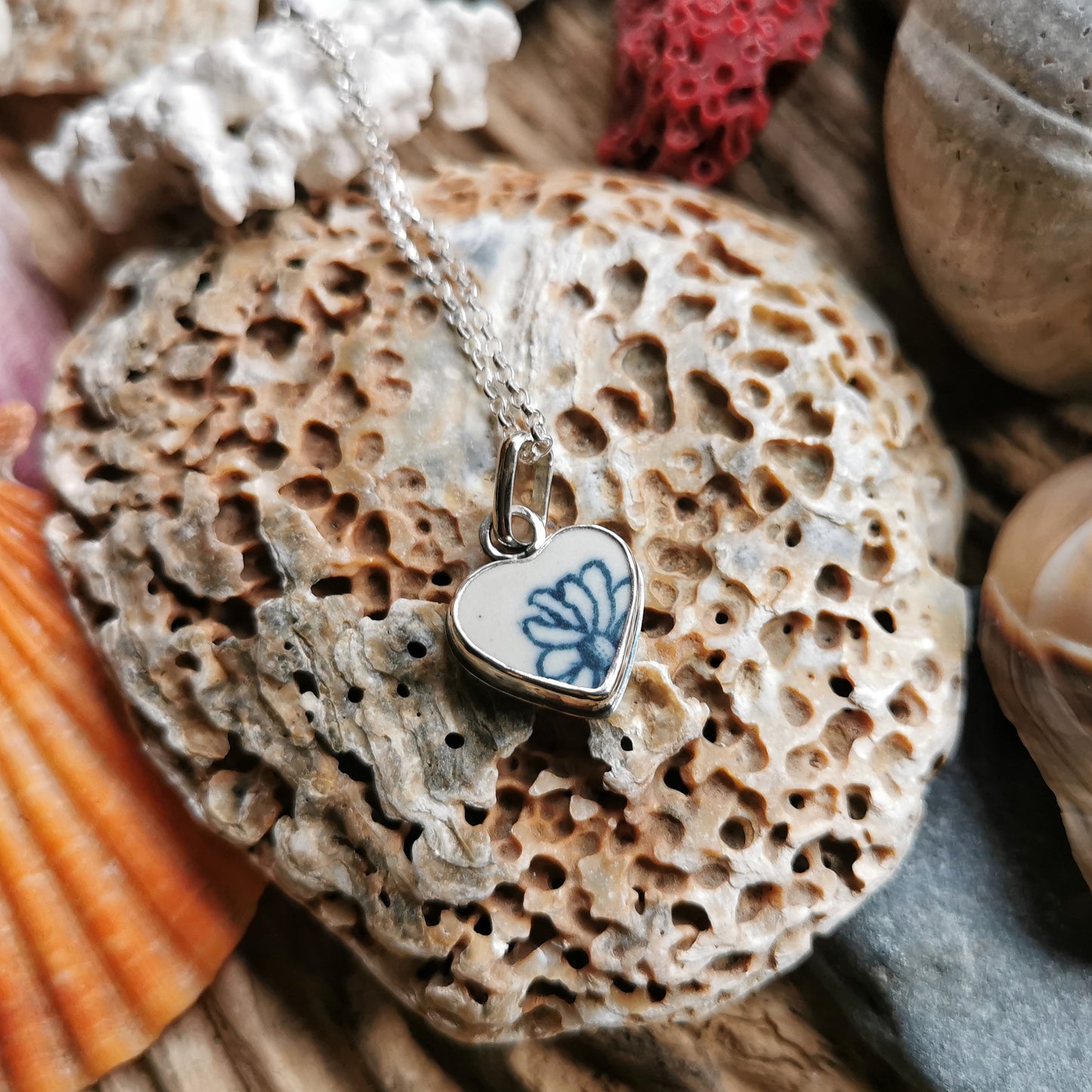 Scottish flower sea pottery heart & sterling silver pendant.