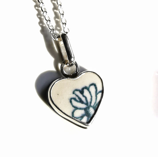 Scottish flower sea pottery heart & sterling silver pendant.