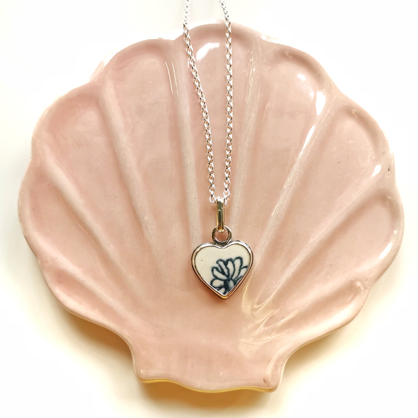 Scottish flower sea pottery heart & sterling silver pendant.