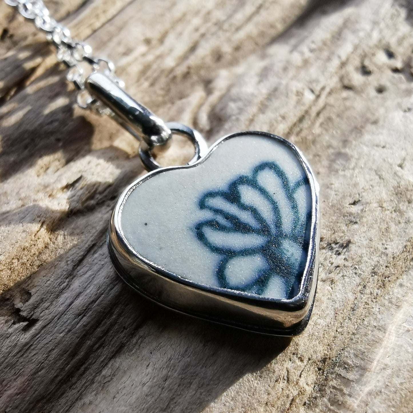 Scottish flower sea pottery heart & sterling silver pendant.