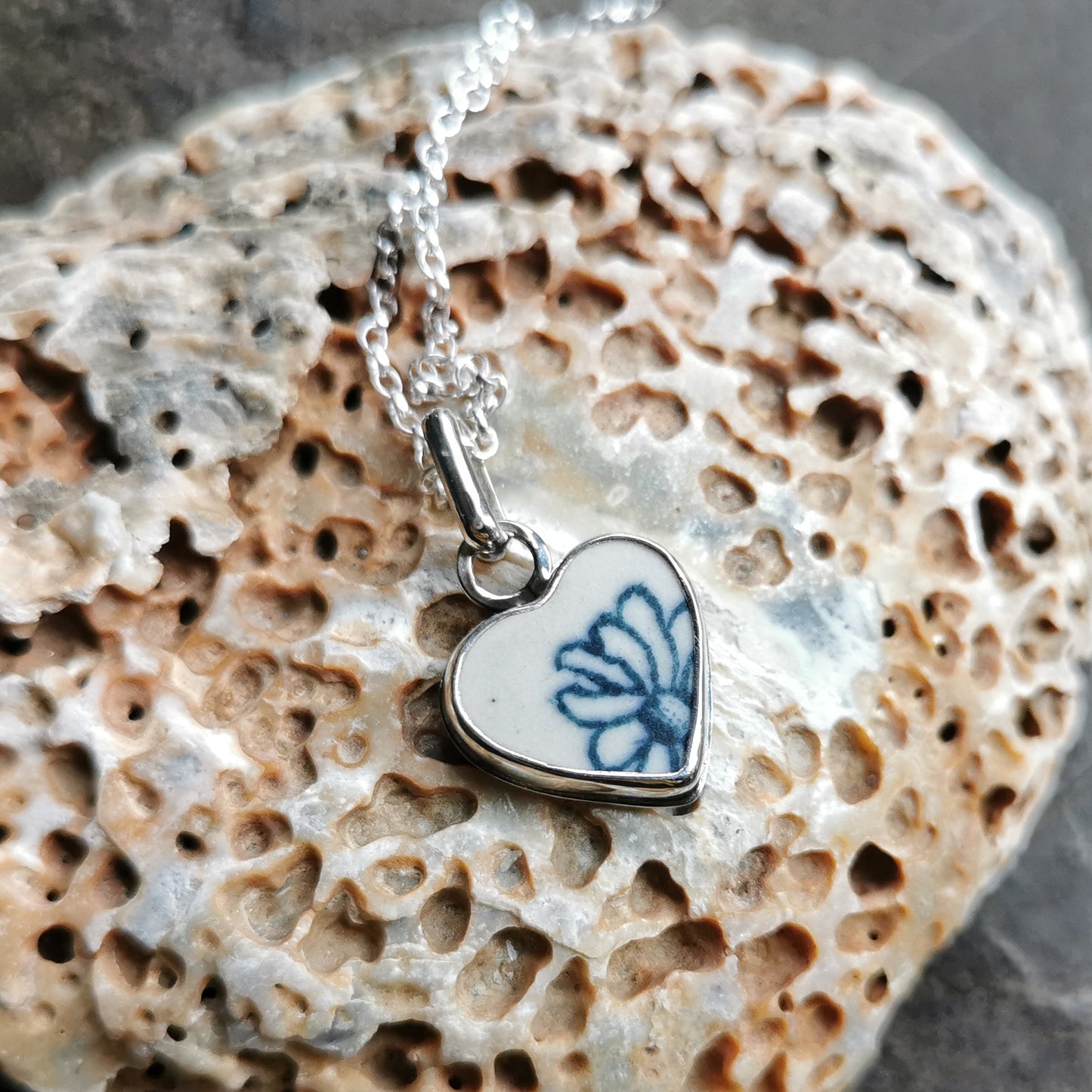 Scottish flower sea pottery heart & sterling silver pendant.