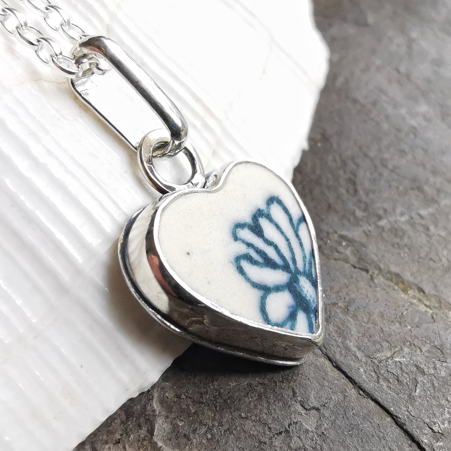 Scottish flower sea pottery heart & sterling silver pendant.