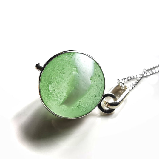 Scottish green and white sea glass marble & sterling silver pendant.