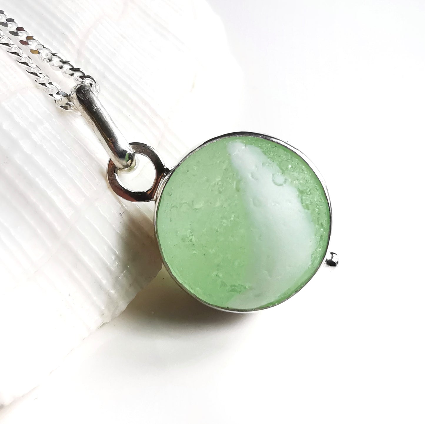 Scottish green and white sea glass marble & sterling silver pendant.