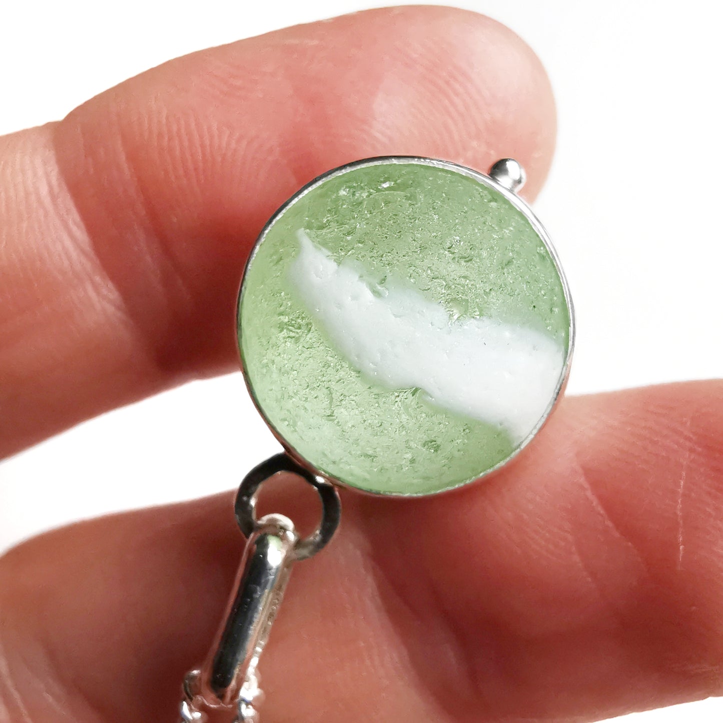 Scottish green and white sea glass marble & sterling silver pendant.