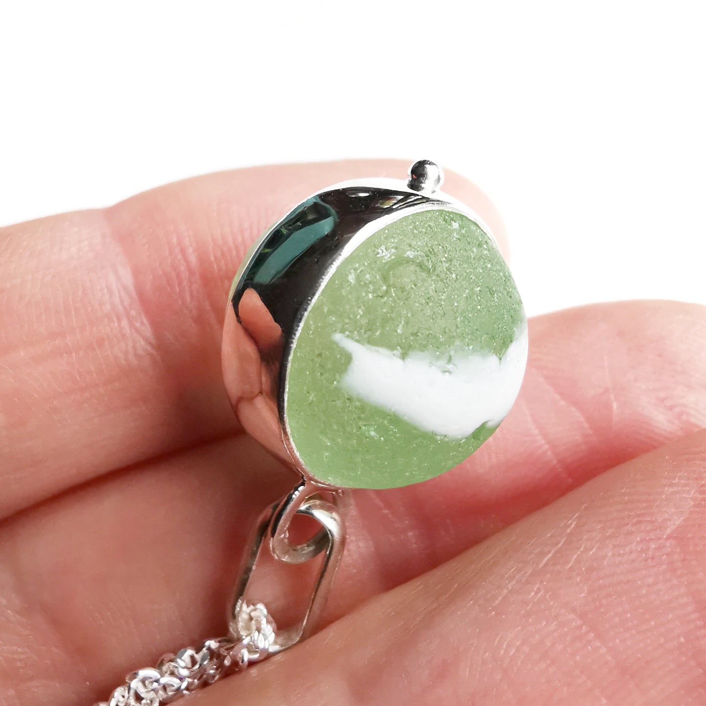 Scottish green and white sea glass marble & sterling silver pendant.