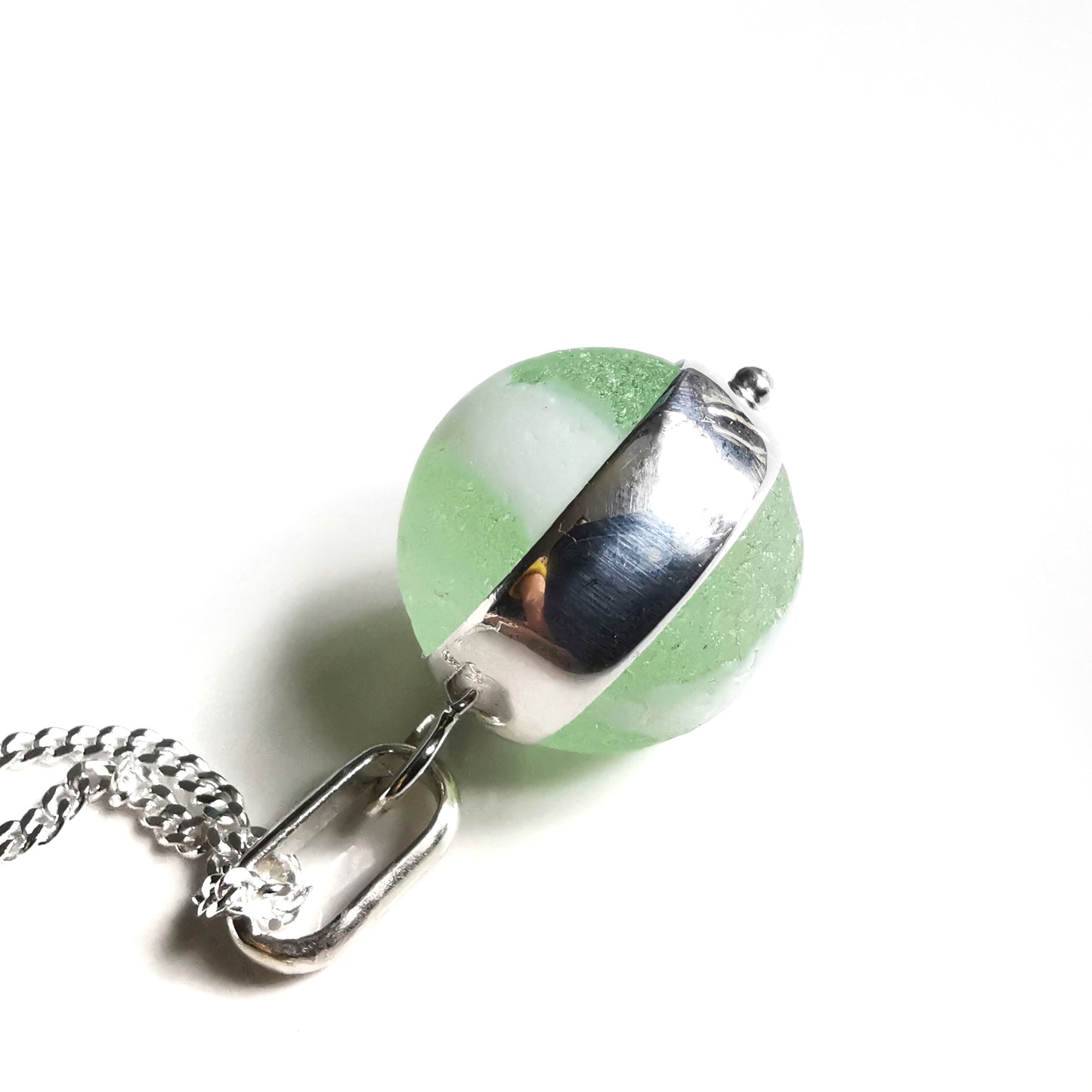 Scottish green and white sea glass marble & sterling silver pendant.