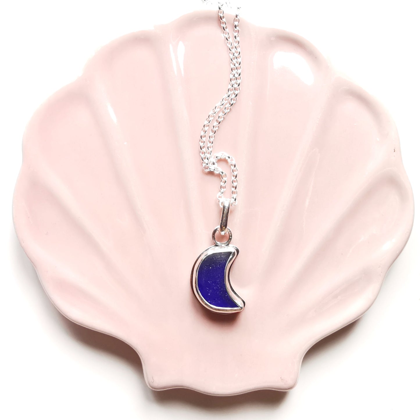 Scottish blue crescent moon sea glass & sterling silver pendant.