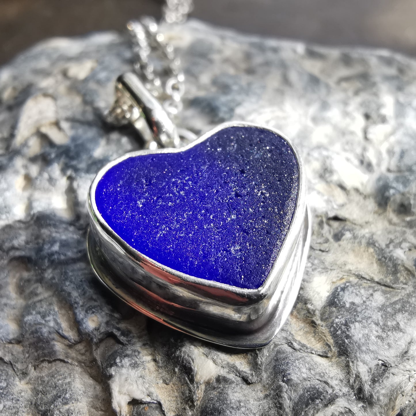 Scottish blue sea glass heart & sterling silver pendant.