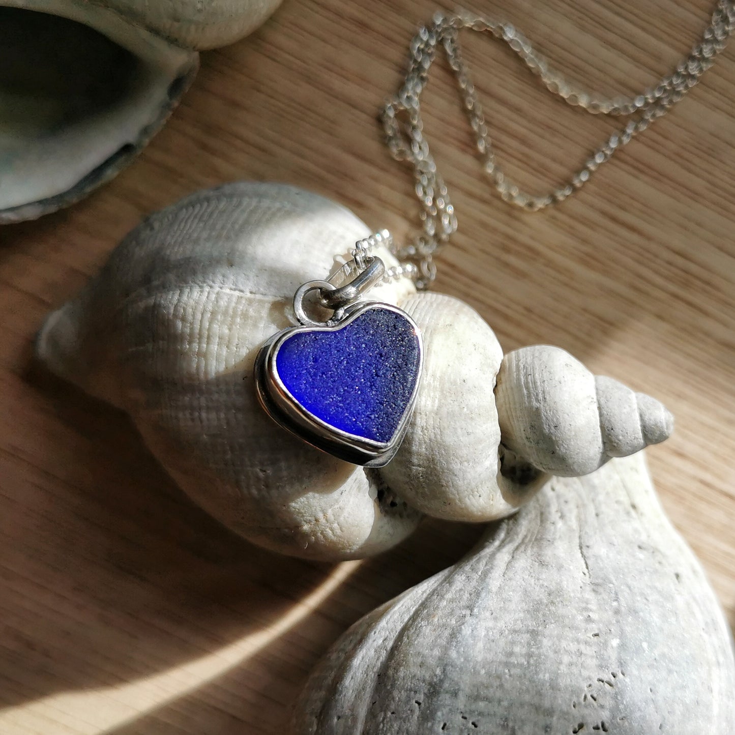 Scottish blue sea glass heart & sterling silver pendant.