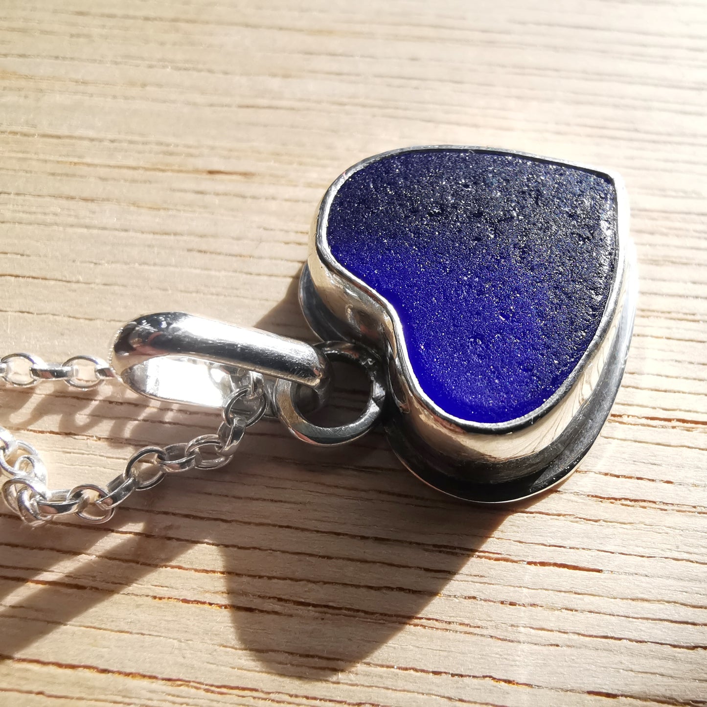 Scottish blue sea glass heart & sterling silver pendant.