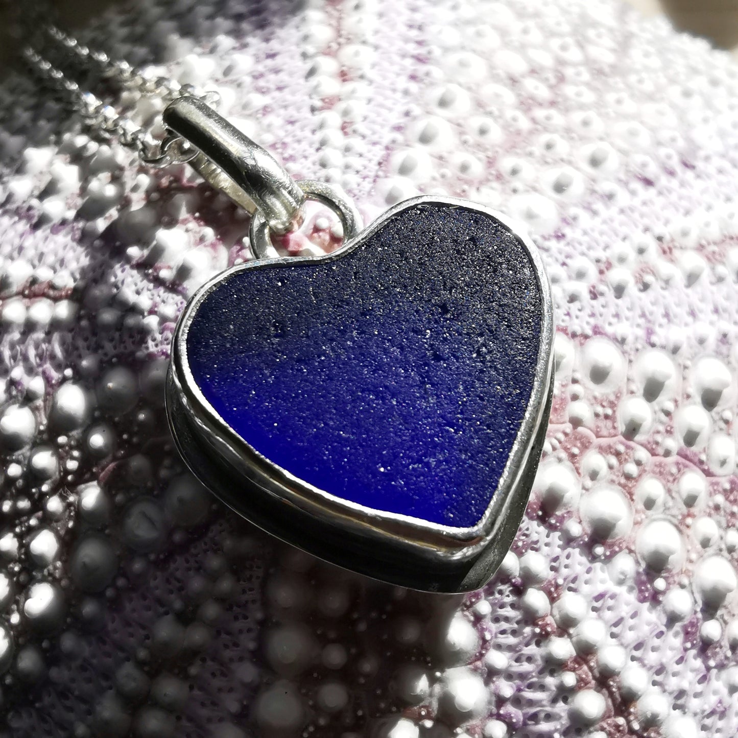 Scottish blue sea glass heart & sterling silver pendant.