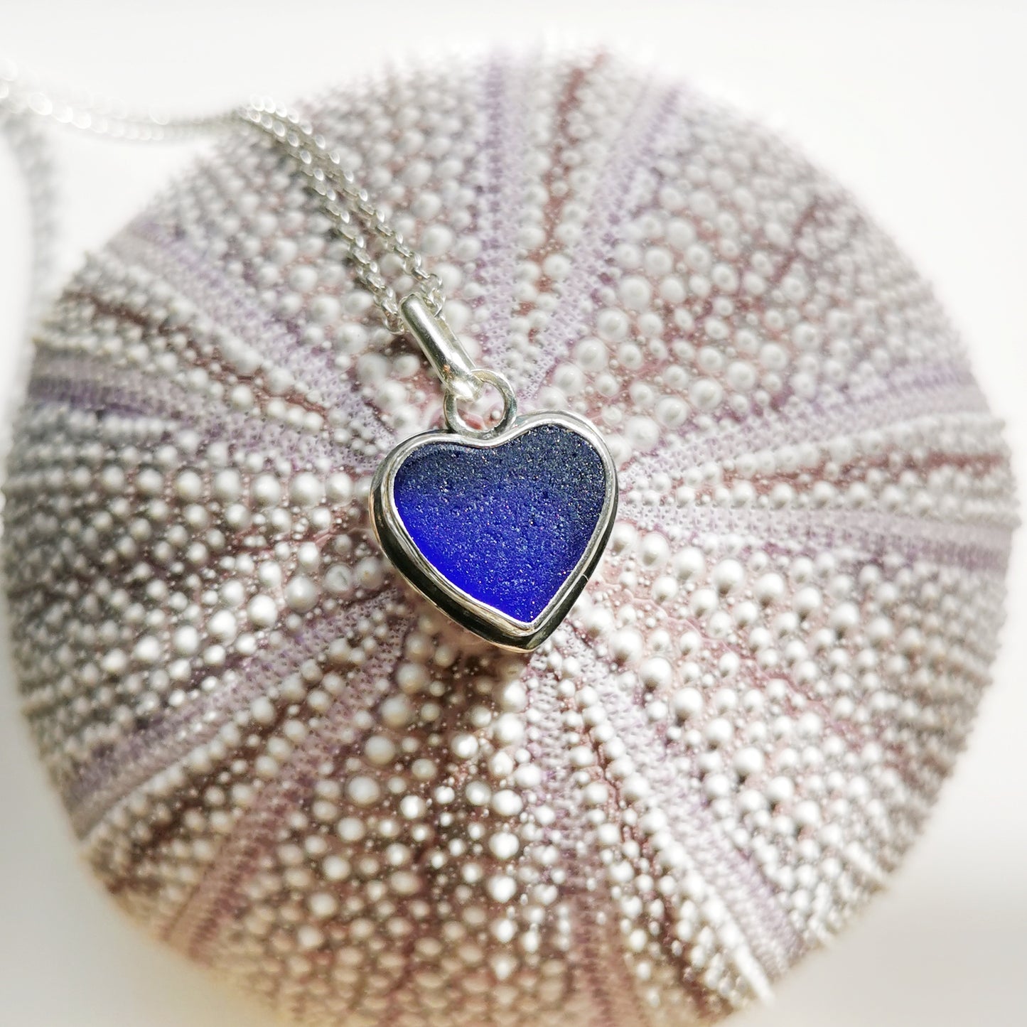 Scottish blue sea glass heart & sterling silver pendant.