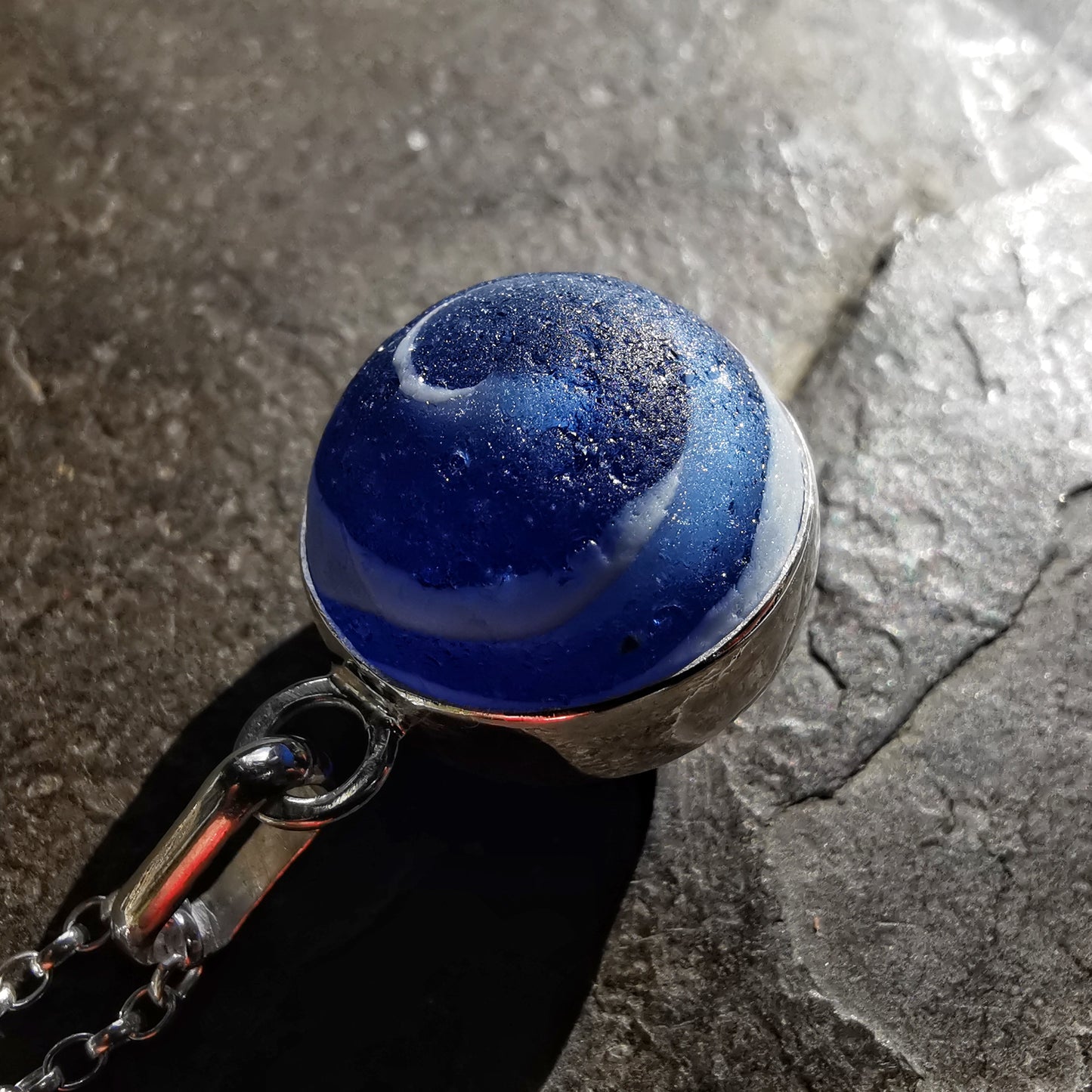 Scottish cobalt blue and white sea glass marble & sterling silver pendant.