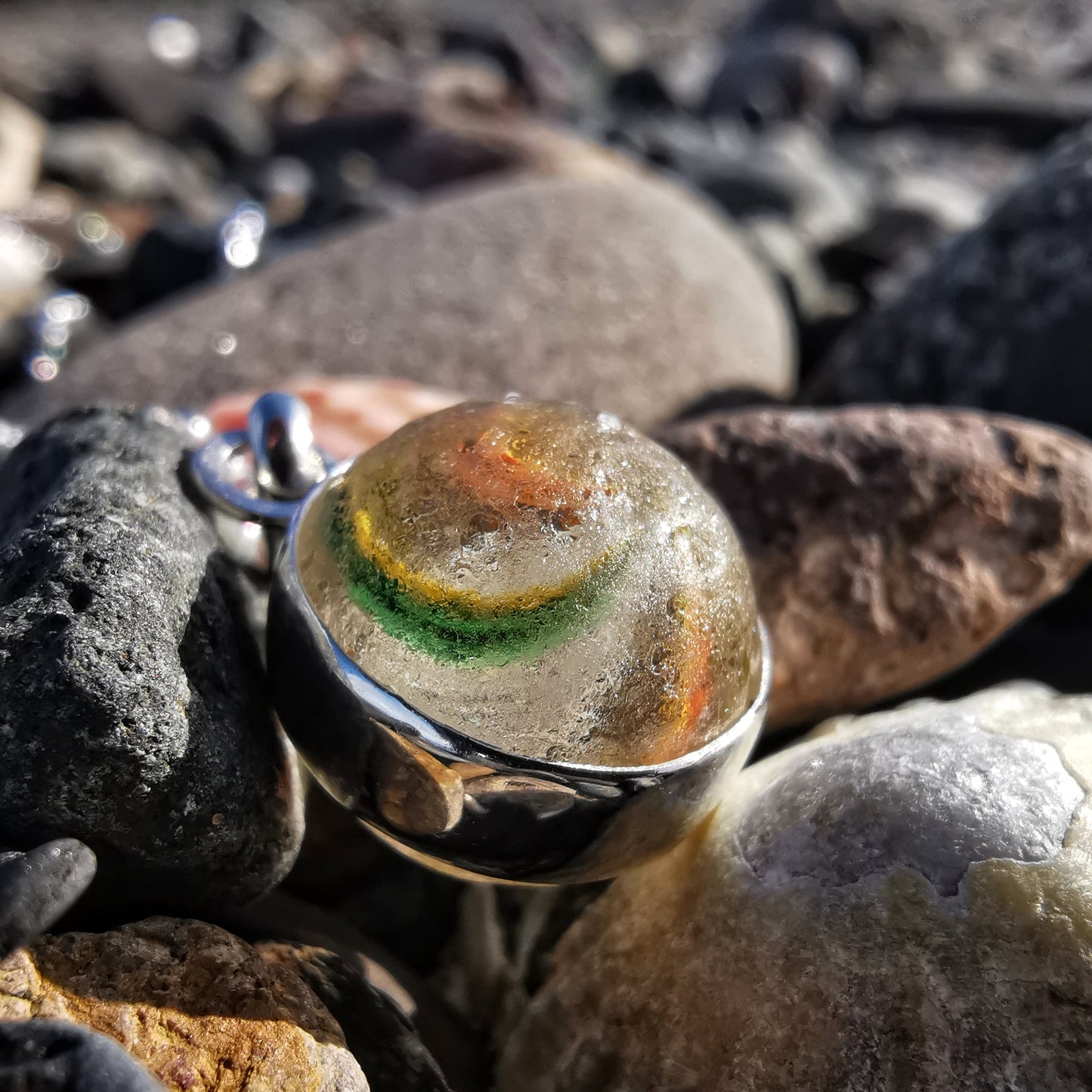 Hand made German sea glass marble & sterling silver pendant.