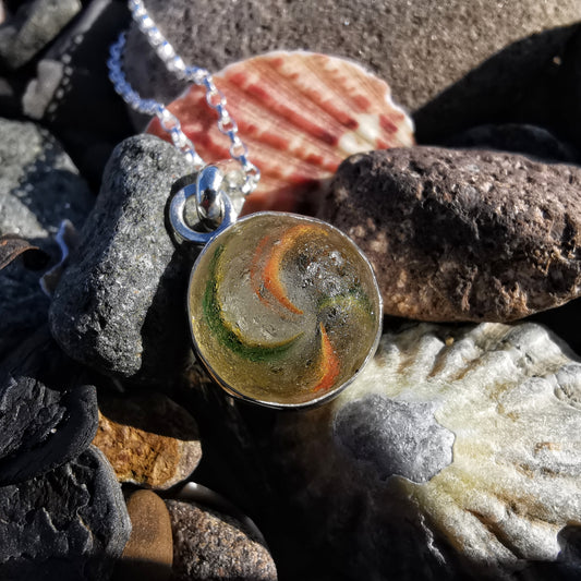 Hand made German sea glass marble & sterling silver pendant.