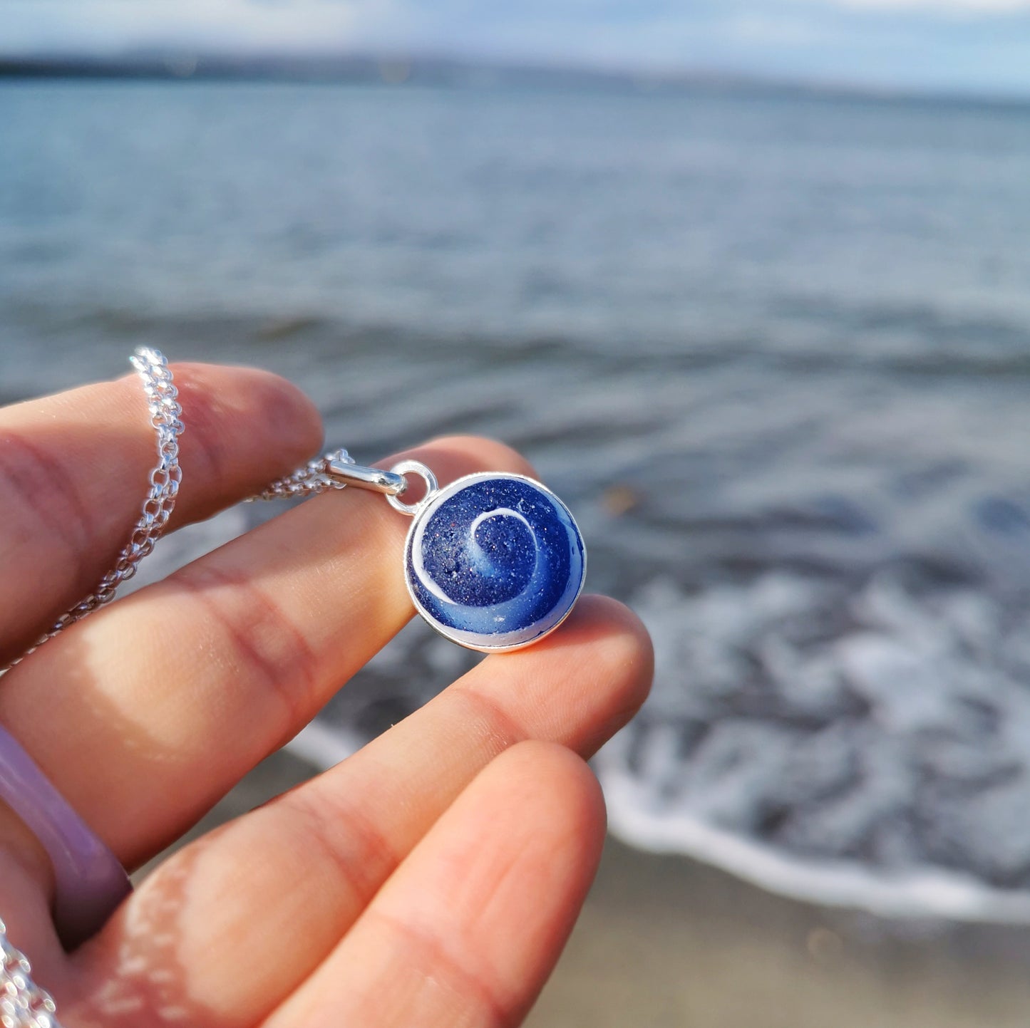 Scottish cobalt blue and white sea glass marble & sterling silver pendant.