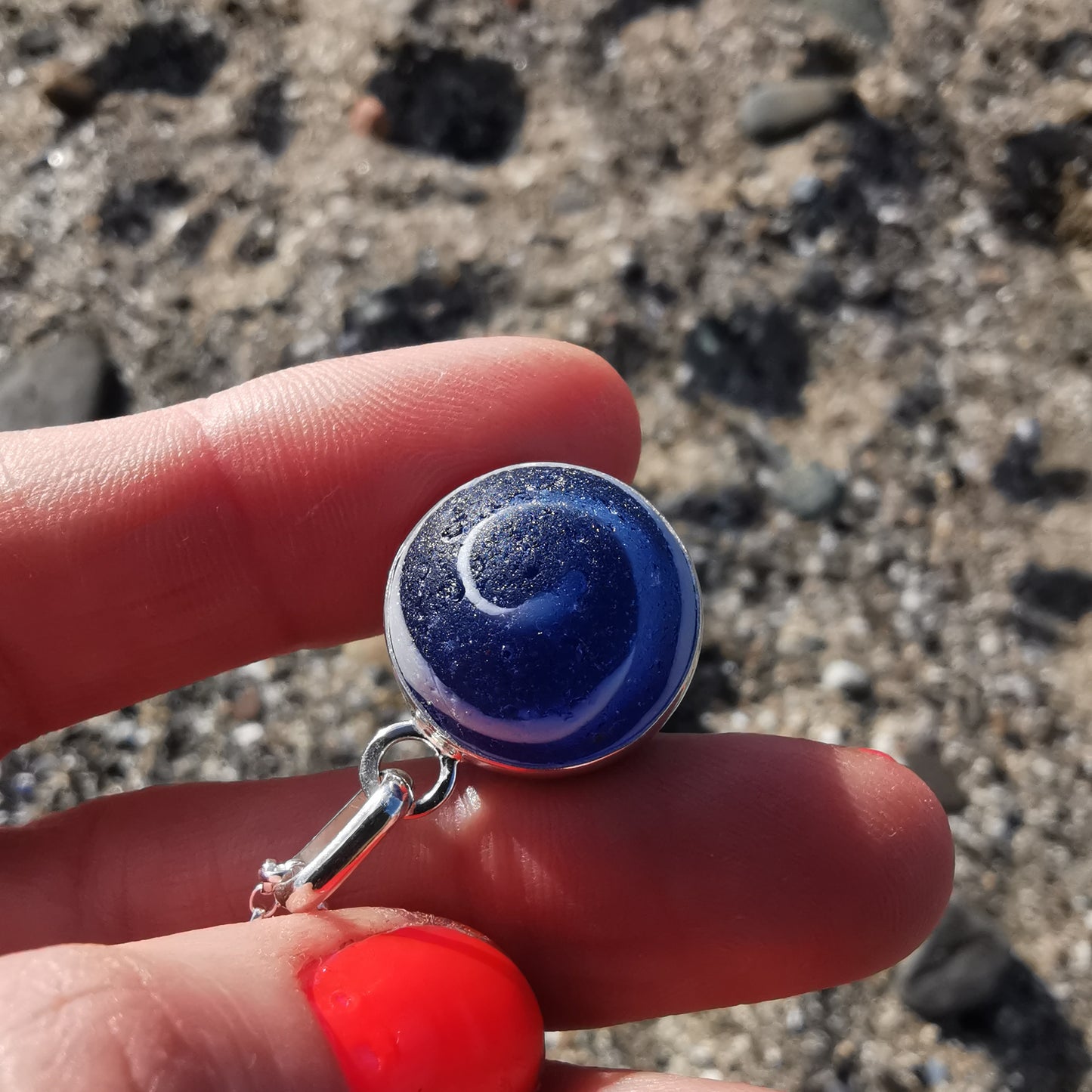 Scottish cobalt blue and white sea glass marble & sterling silver pendant.