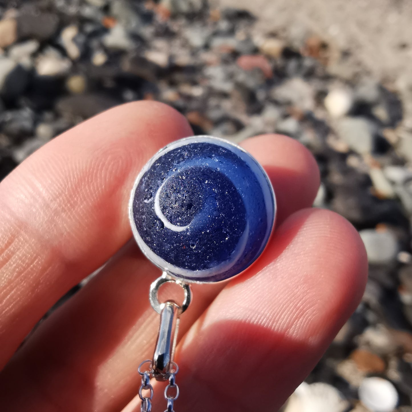 Scottish cobalt blue and white sea glass marble & sterling silver pendant.