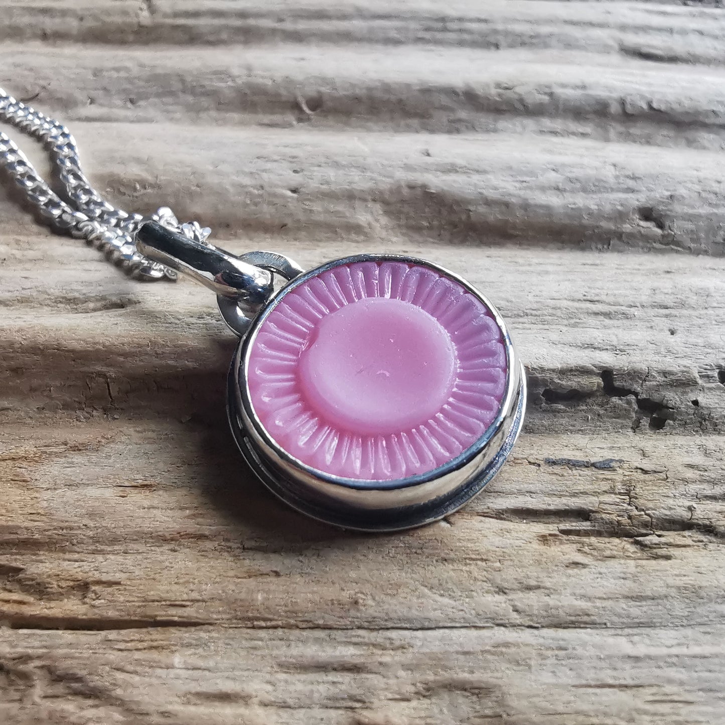 Scottish soft pink sea glass flower button & sterling silver pendant.