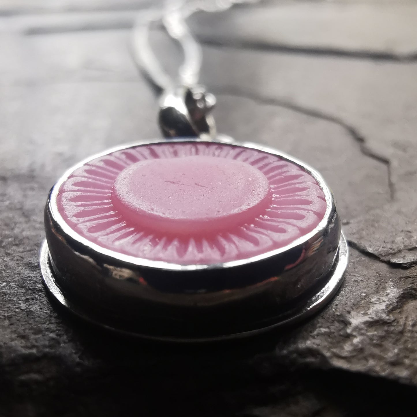 Scottish soft pink sea glass flower button & sterling silver pendant.