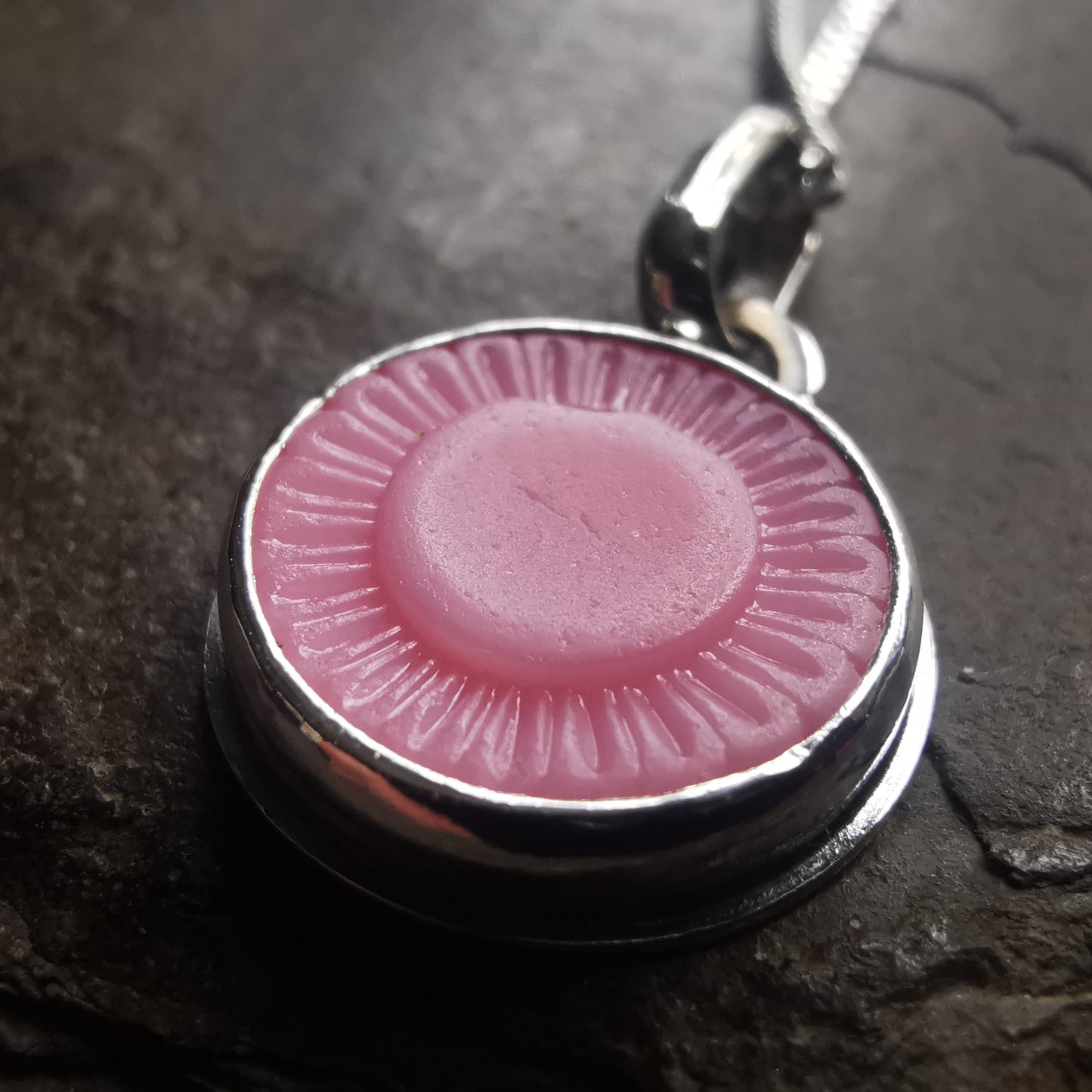 Scottish soft pink sea glass flower button & sterling silver pendant.