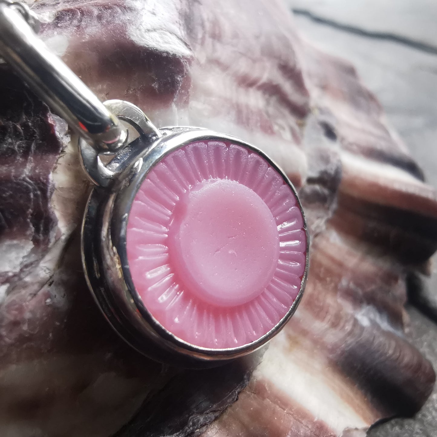 Scottish soft pink sea glass flower button & sterling silver pendant.