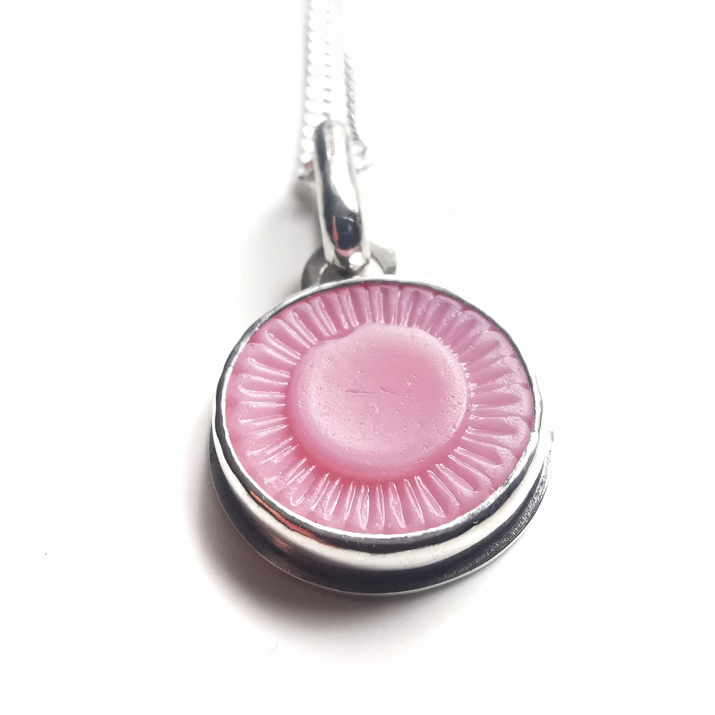 Scottish soft pink sea glass flower button & sterling silver pendant.