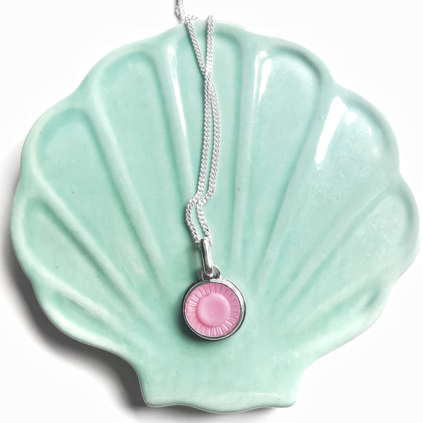 Scottish soft pink sea glass flower button & sterling silver pendant.