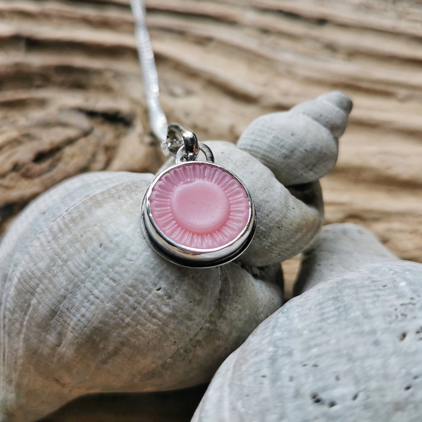 Scottish soft pink sea glass flower button & sterling silver pendant.