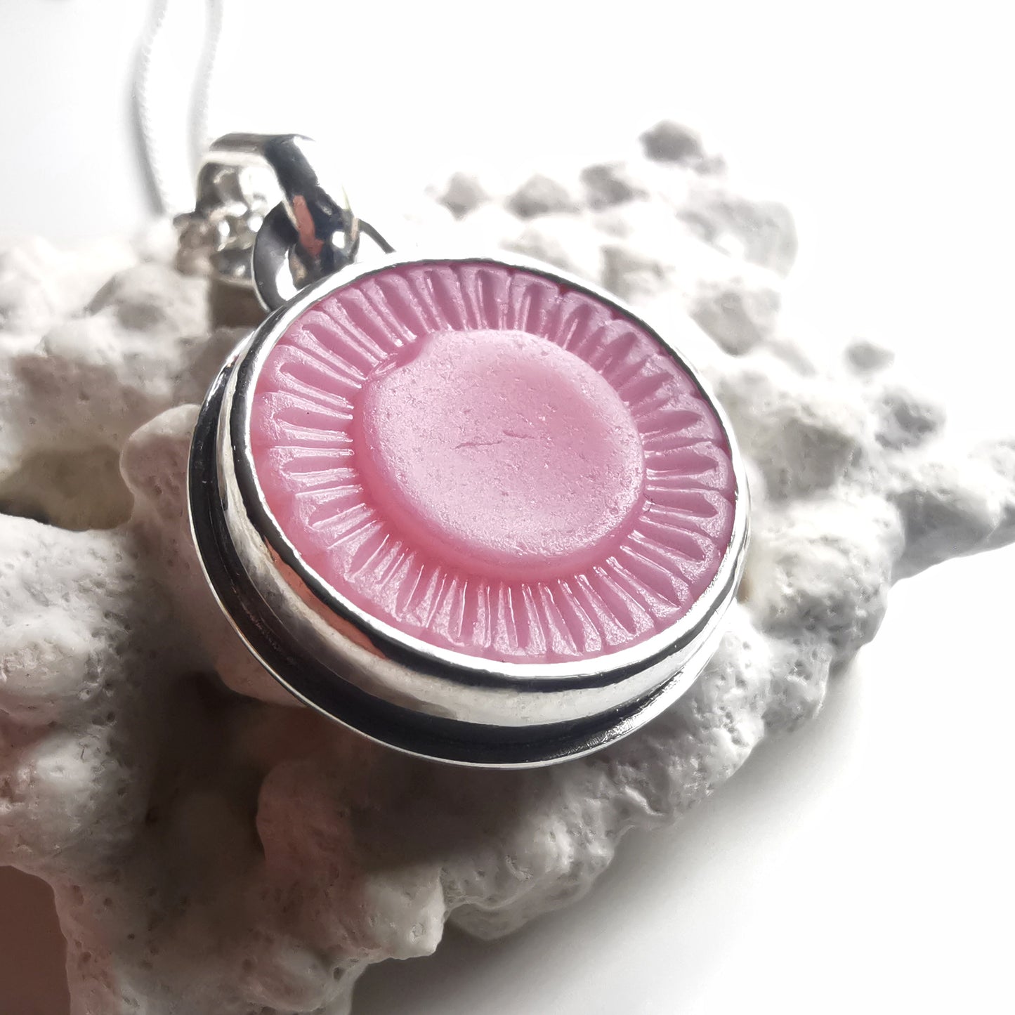 Scottish soft pink sea glass flower button & sterling silver pendant.