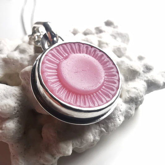 Scottish soft pink sea glass flower button & sterling silver pendant.