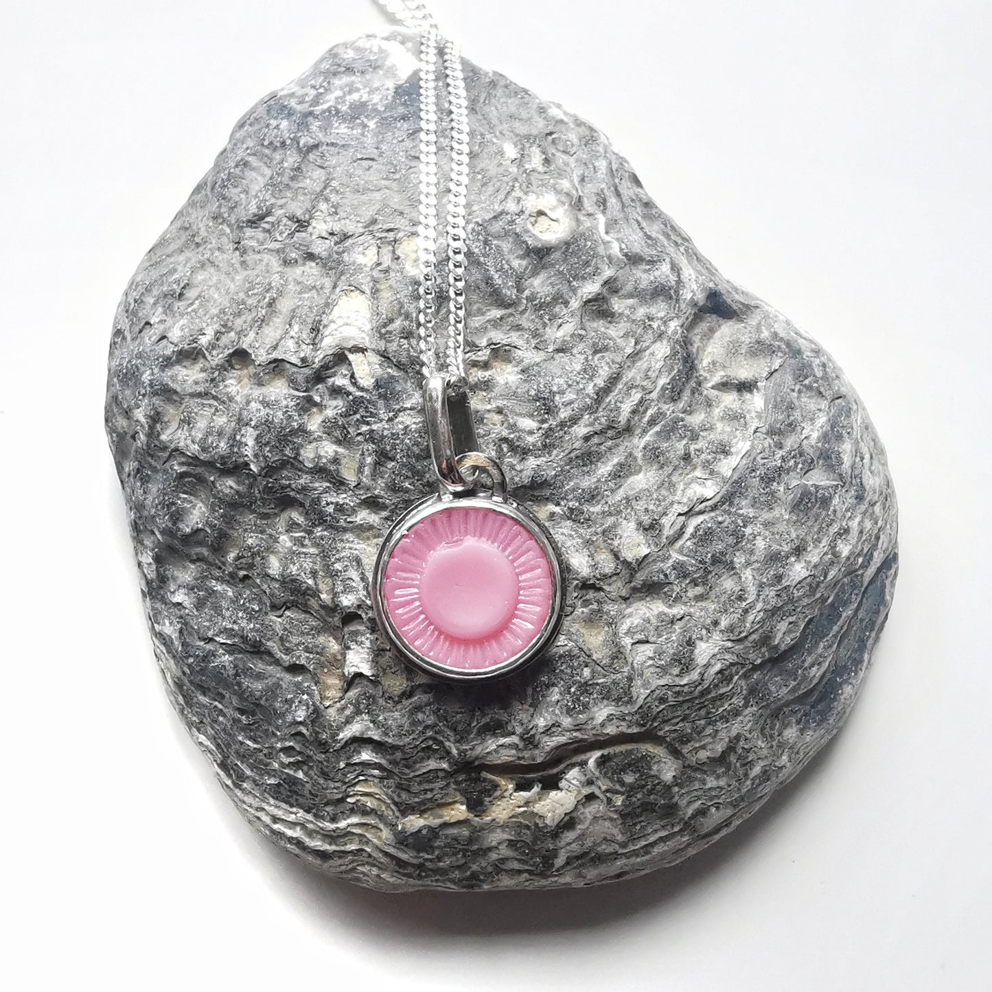 Scottish soft pink sea glass flower button & sterling silver pendant.