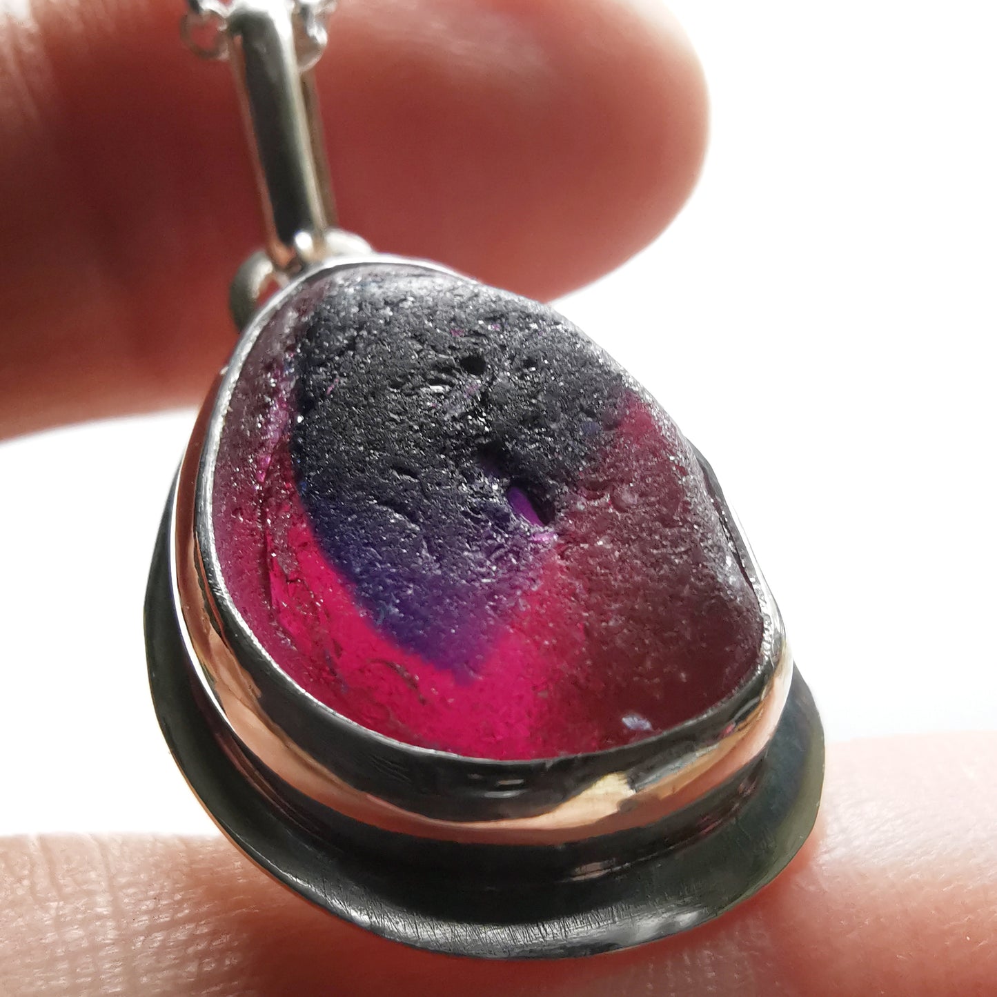 Pink and purple Seaham sea glass & sterling silver pendant.