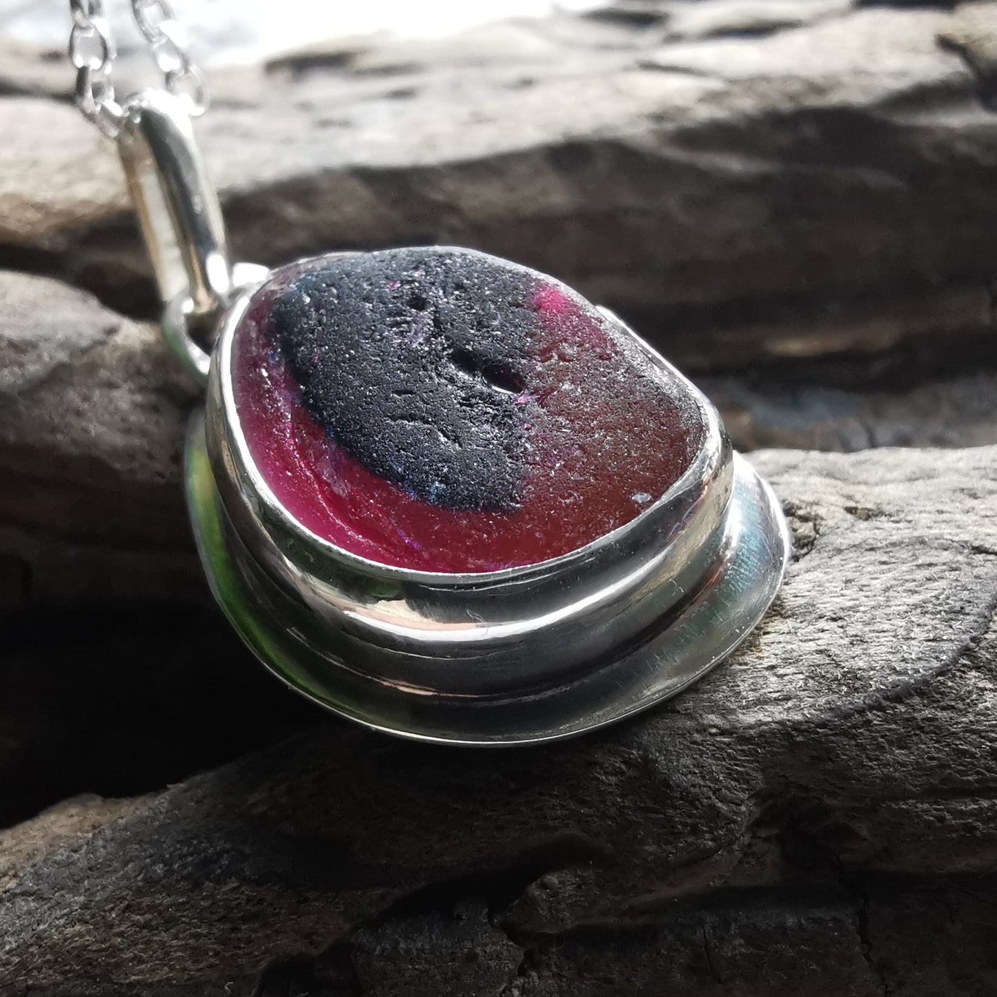 Pink and purple Seaham sea glass & sterling silver pendant.