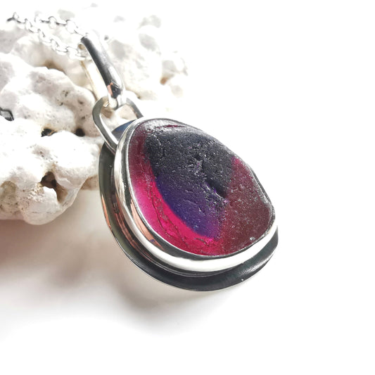 Pink and purple Seaham sea glass & sterling silver pendant.