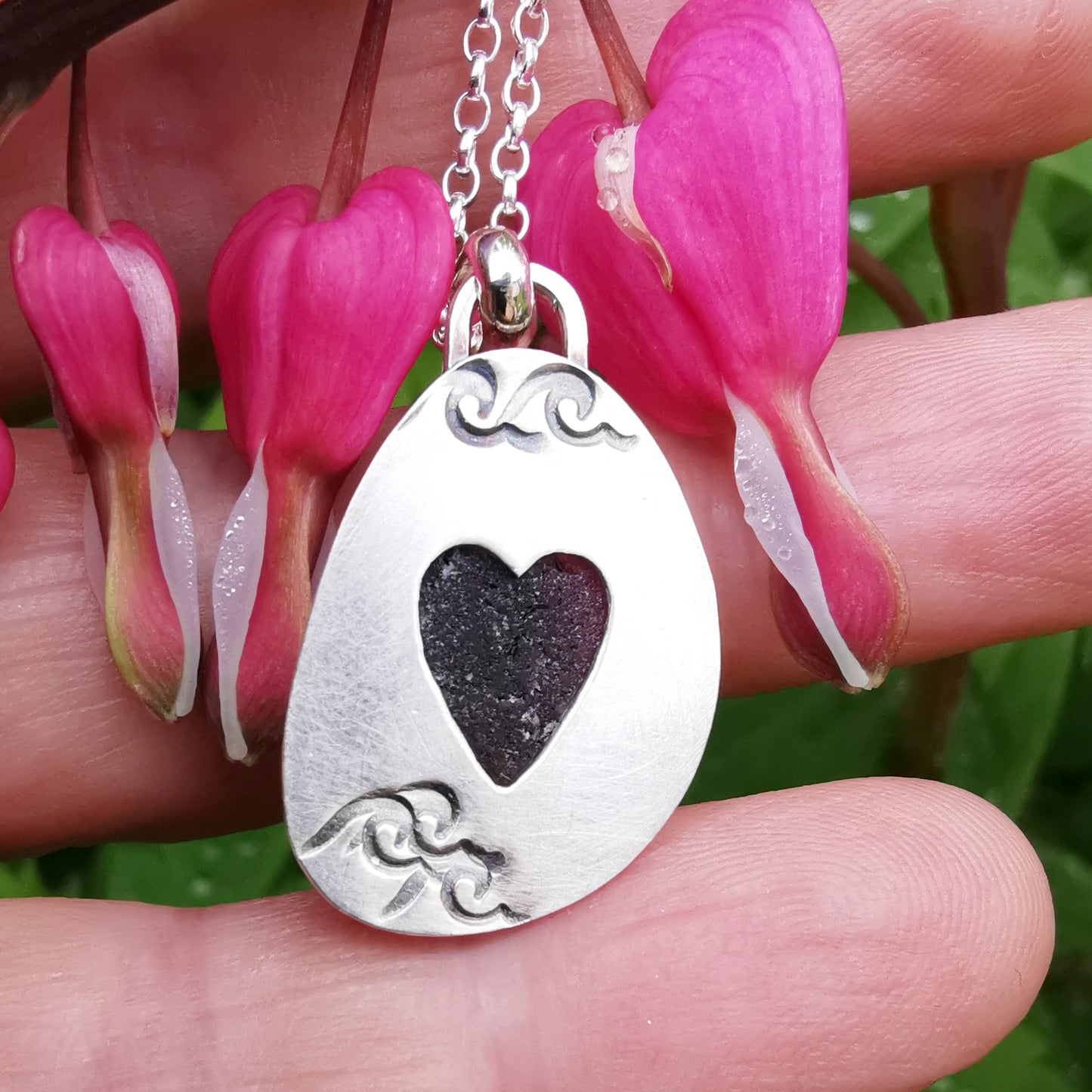 Pink and purple Seaham sea glass & sterling silver pendant.