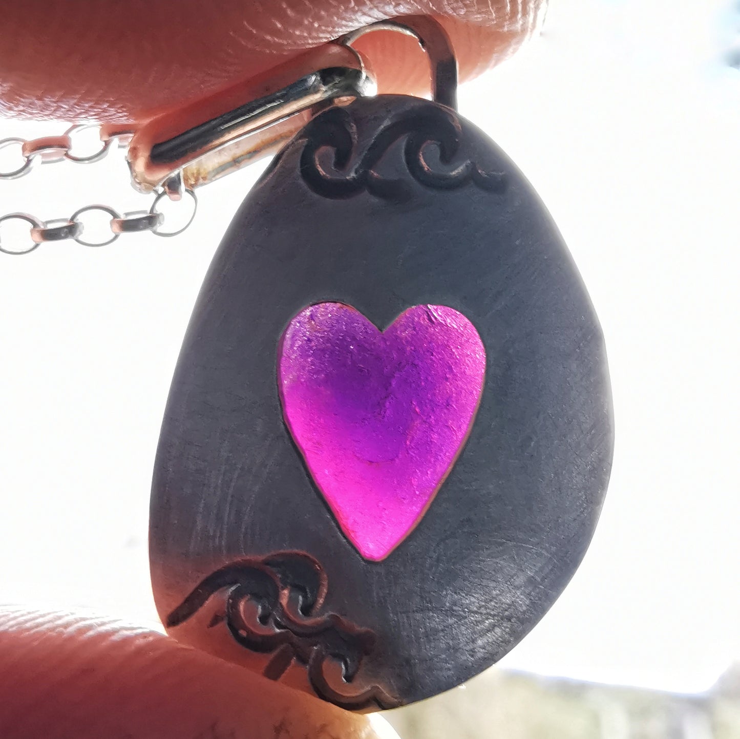 Pink and purple Seaham sea glass & sterling silver pendant.