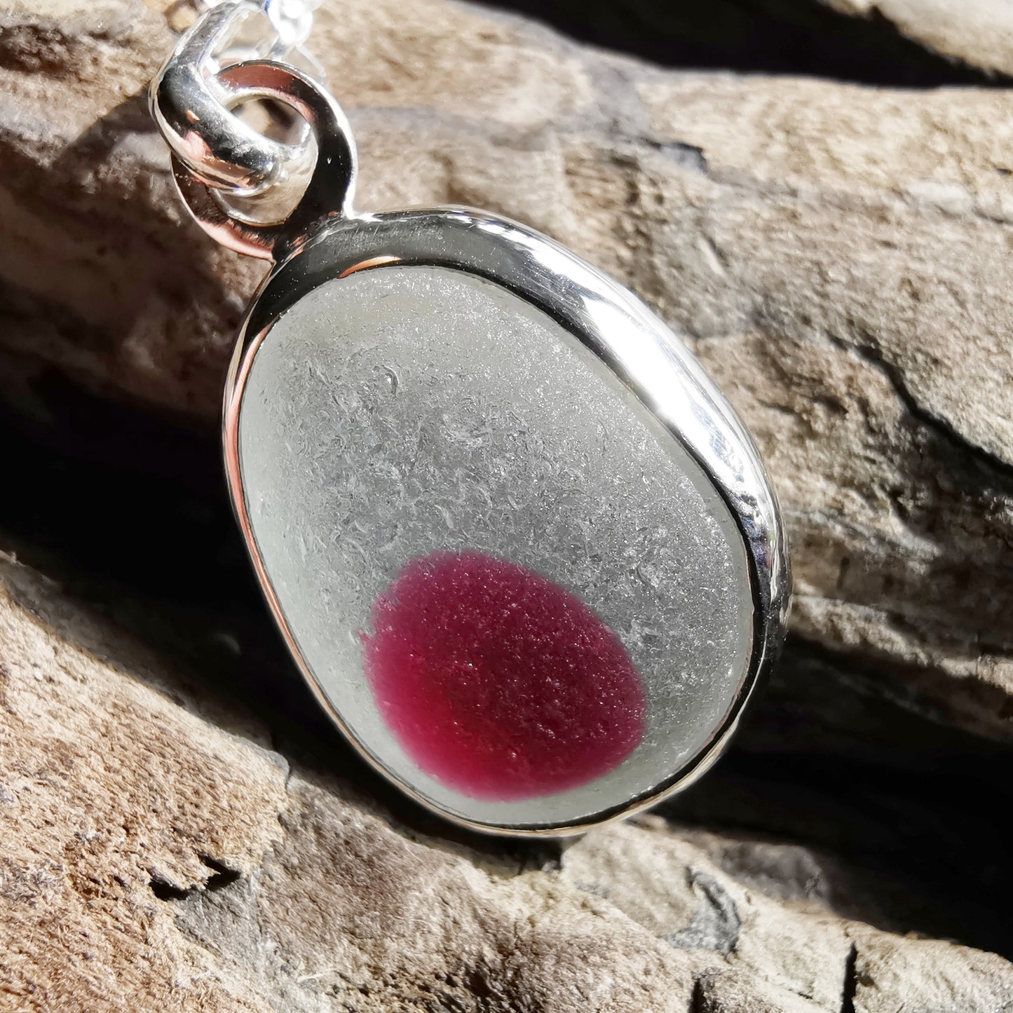 Seaham pink and clear multi sea glass & sterling silver pendant.