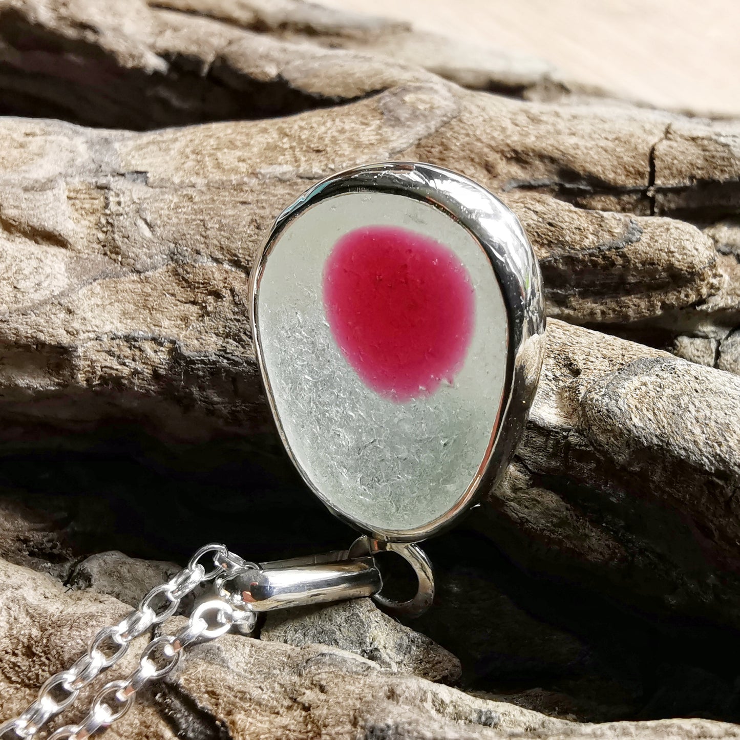 Seaham pink and clear multi sea glass & sterling silver pendant.